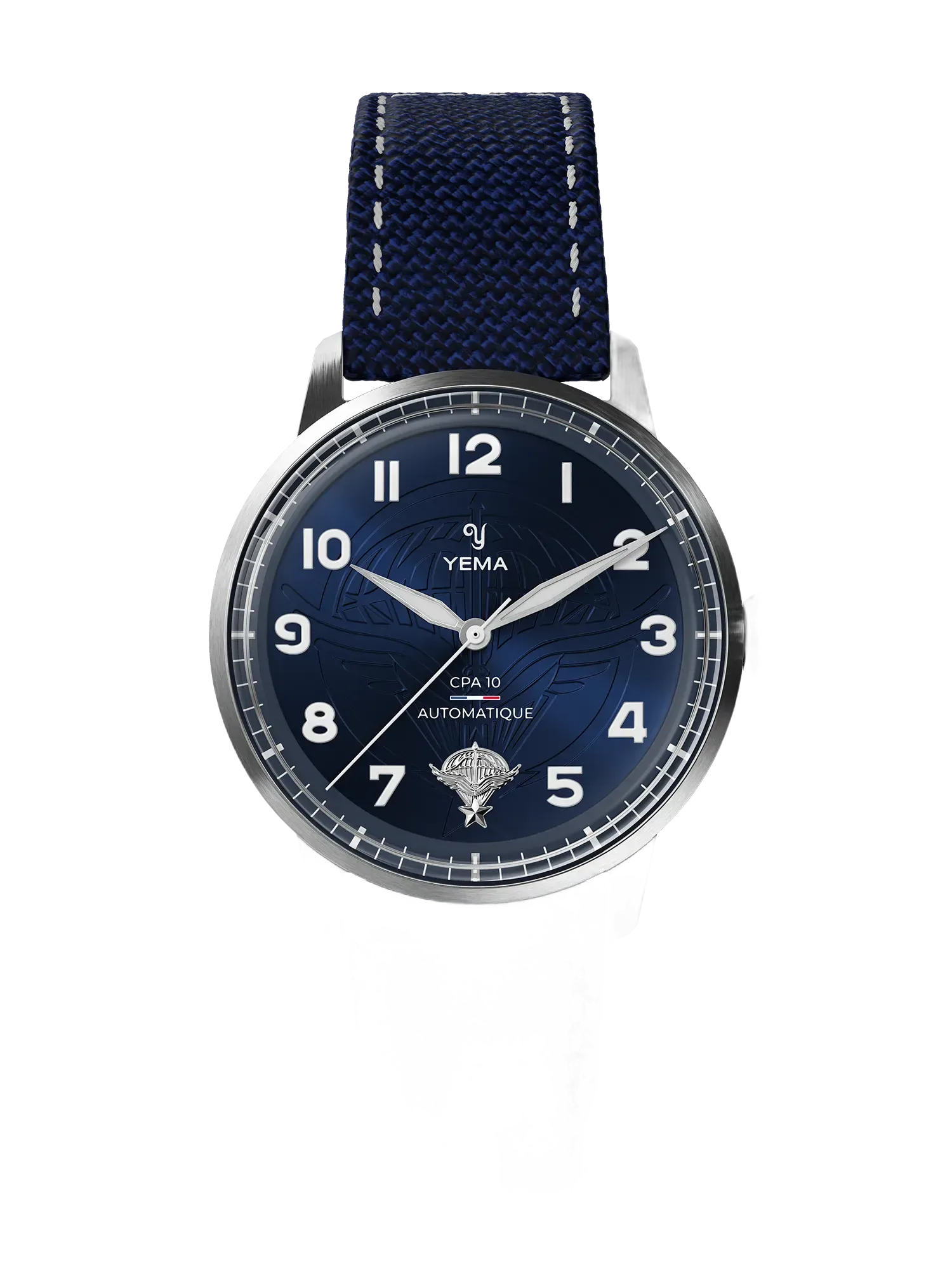 Yema Flygraf CPA10, ref. YEMA-FLYGRAF-CPA10-64-25-10-05-TN-D5, Blue brushed dial with the CPA10 logo engraved tone on tone dial